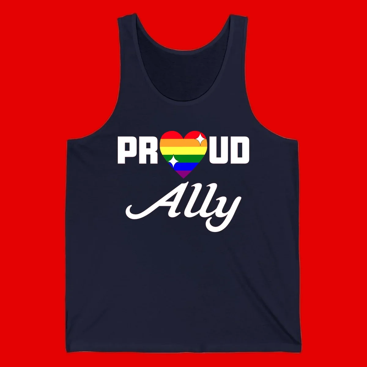 Proud Ally Pride Heart design with rainbow-striped heart and white sparkles between PROUD and Ally text