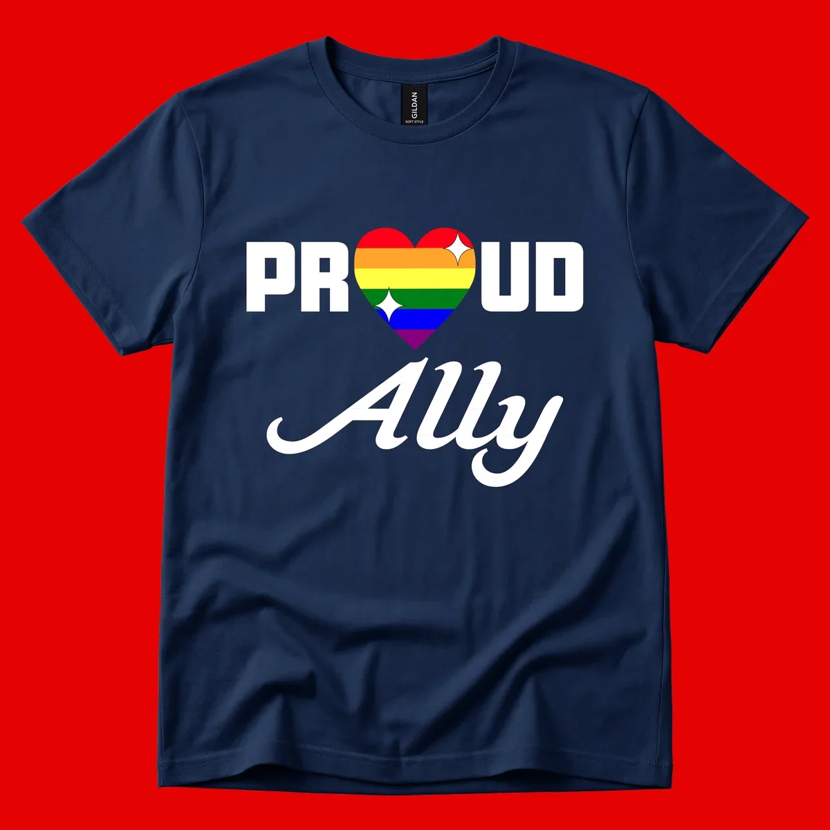 Proud Ally Pride Heart design with rainbow-striped heart and white sparkles between PROUD and Ally text