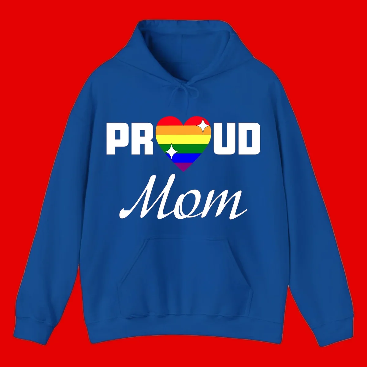 Proud Mom rainbow heart design with colorful pride flag stripes forming a heart shape and text reading Proud Mom