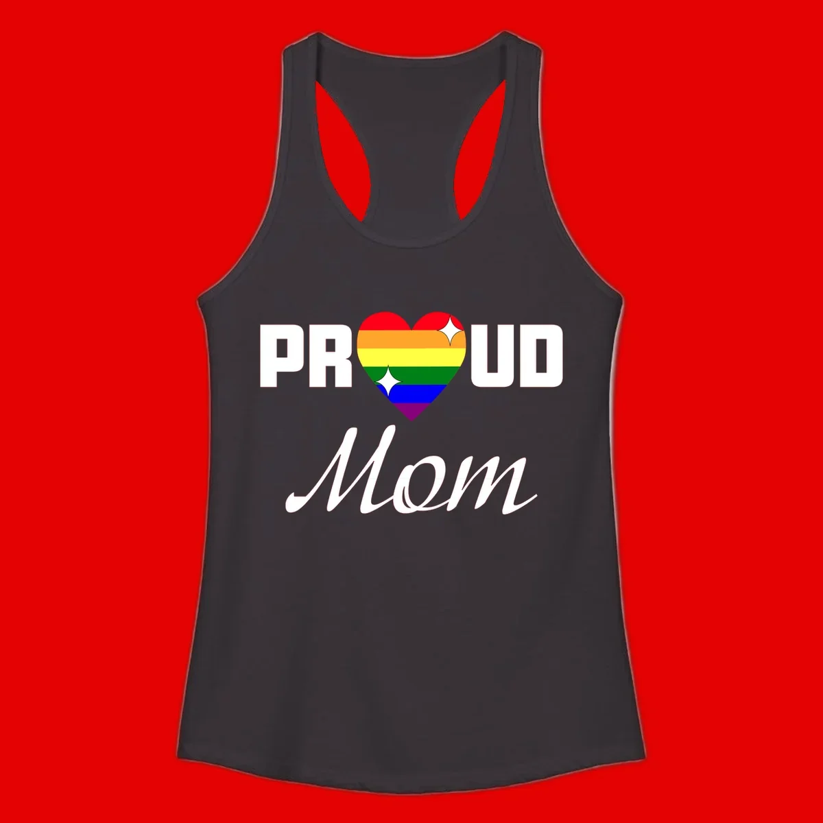 Proud Mom rainbow heart design with colorful pride flag stripes forming a heart shape and text reading Proud Mom