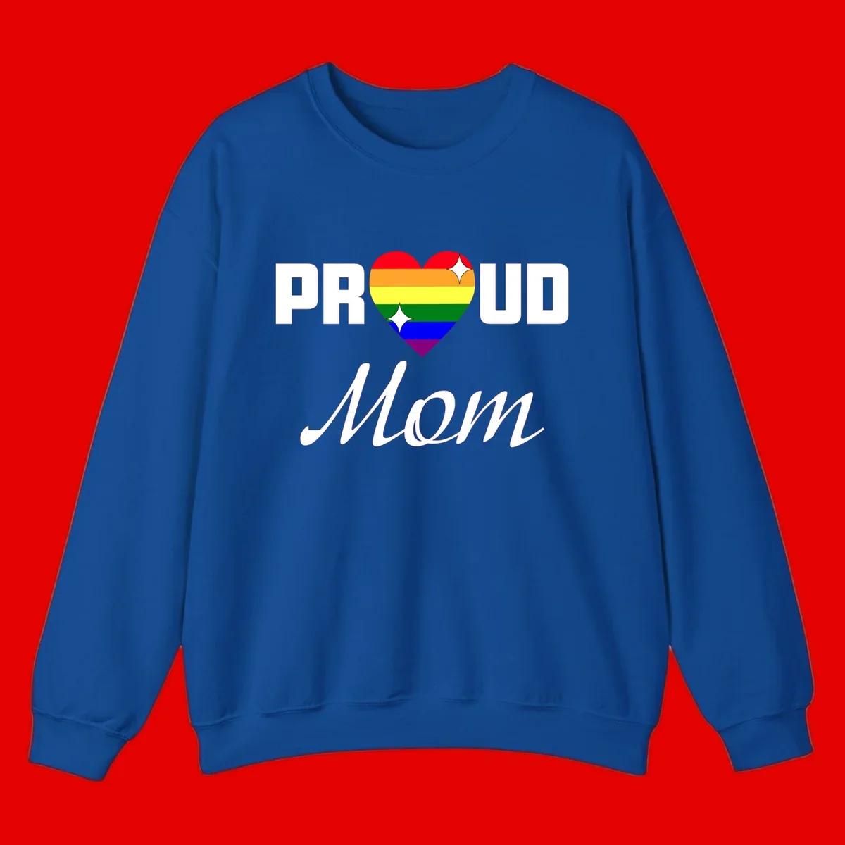 Proud Mom rainbow heart design with colorful pride flag stripes forming a heart shape and text reading Proud Mom