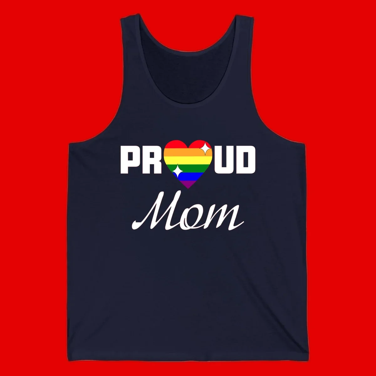 Proud Mom rainbow heart design with colorful pride flag stripes forming a heart shape and text reading Proud Mom