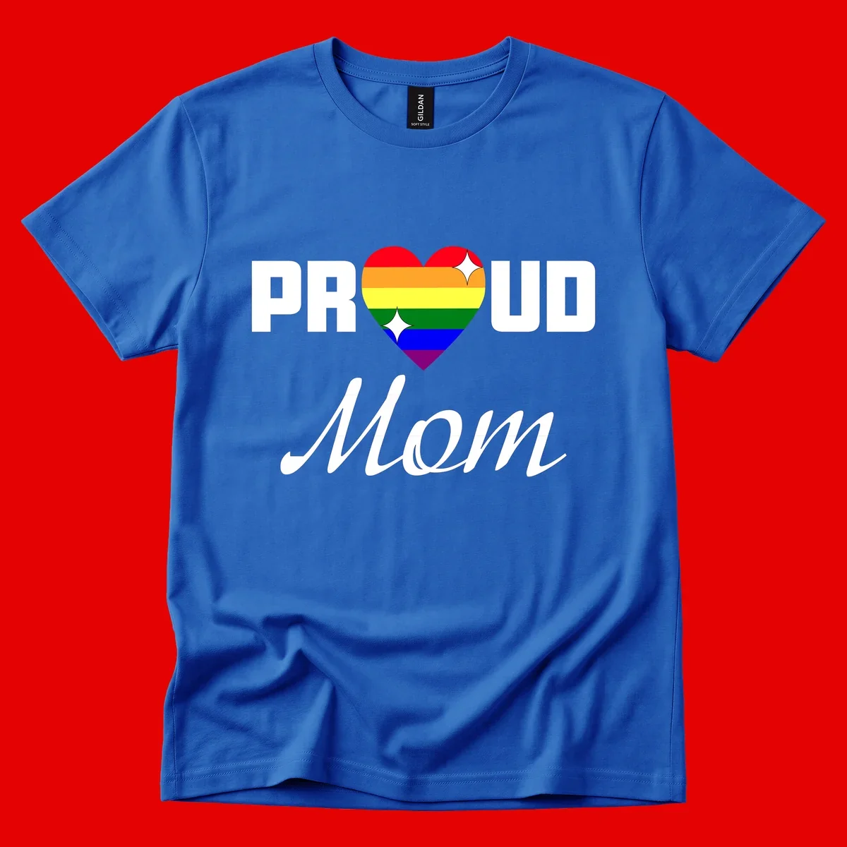 Proud Mom rainbow heart design with colorful pride flag stripes forming a heart shape and text reading Proud Mom