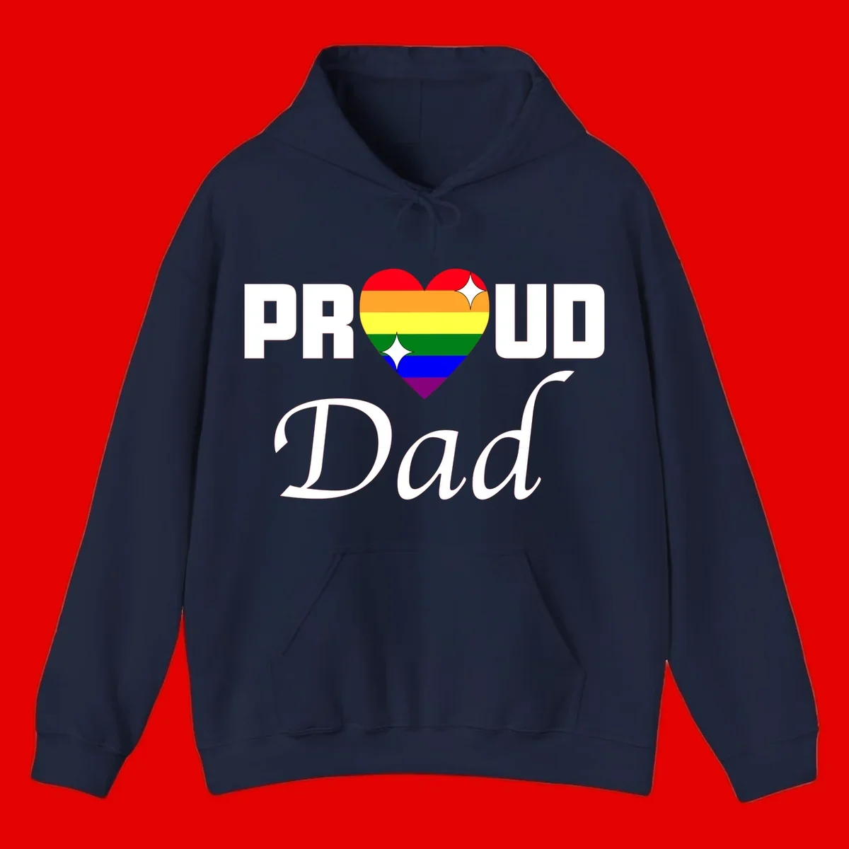 Proud Dad rainbow heart design with vibrant pride flag colors in heart shape and white text