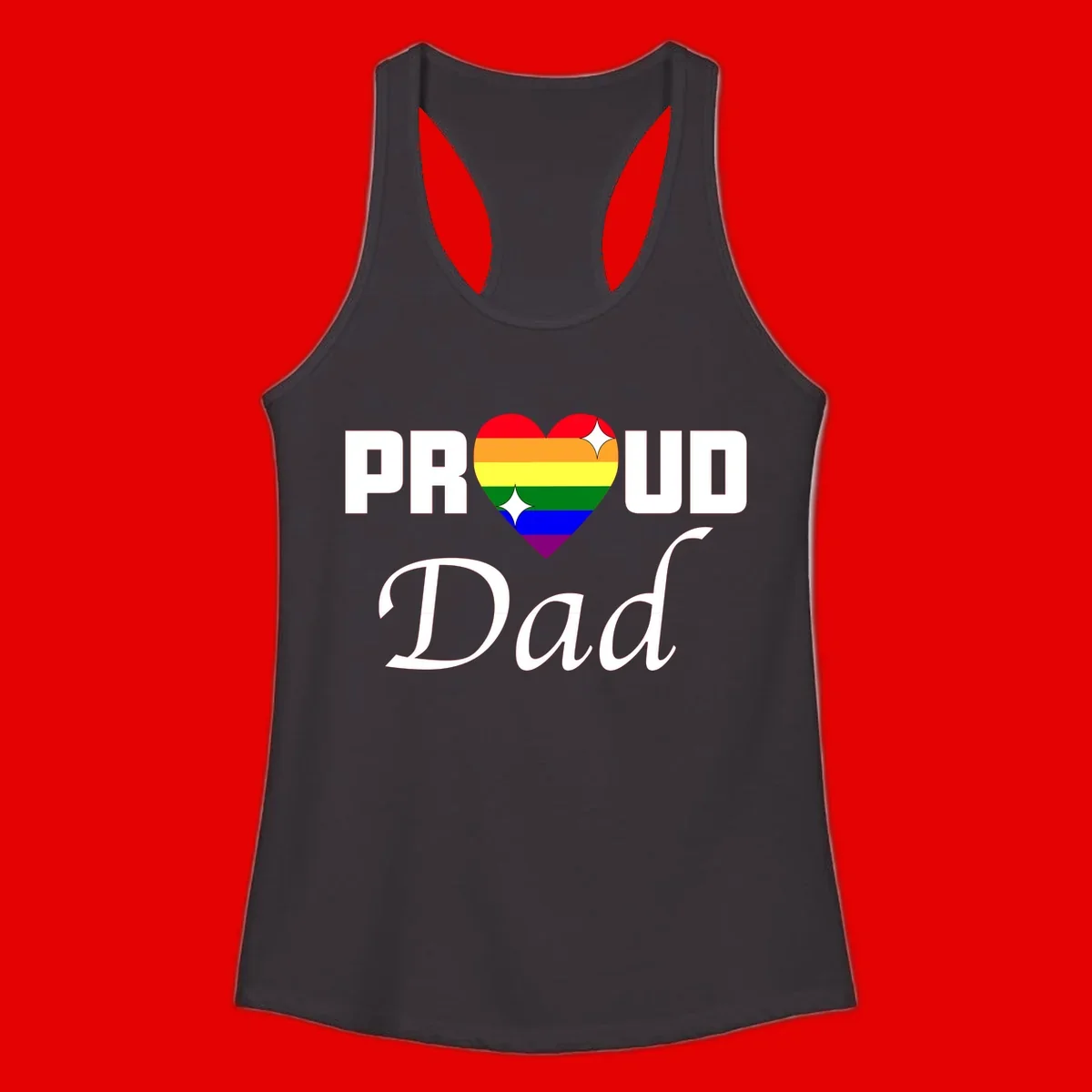 Proud Dad rainbow heart design with vibrant pride flag colors in heart shape and white text