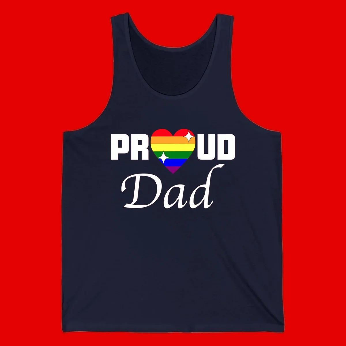 Proud Dad rainbow heart design with vibrant pride flag colors in heart shape and white text