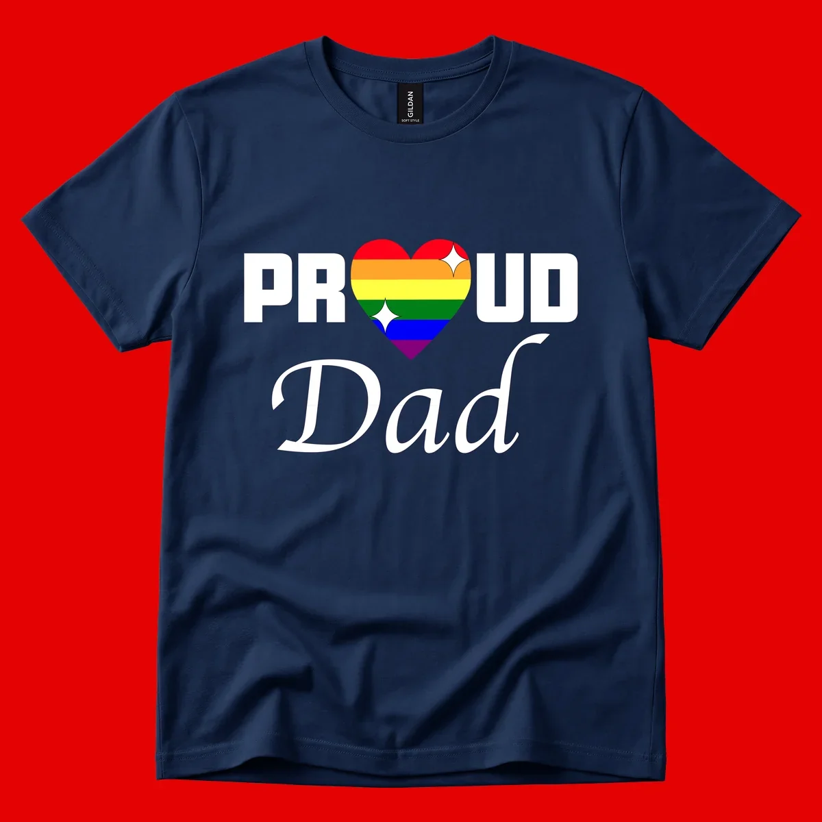 Proud Dad rainbow heart design with vibrant pride flag colors in heart shape and white text