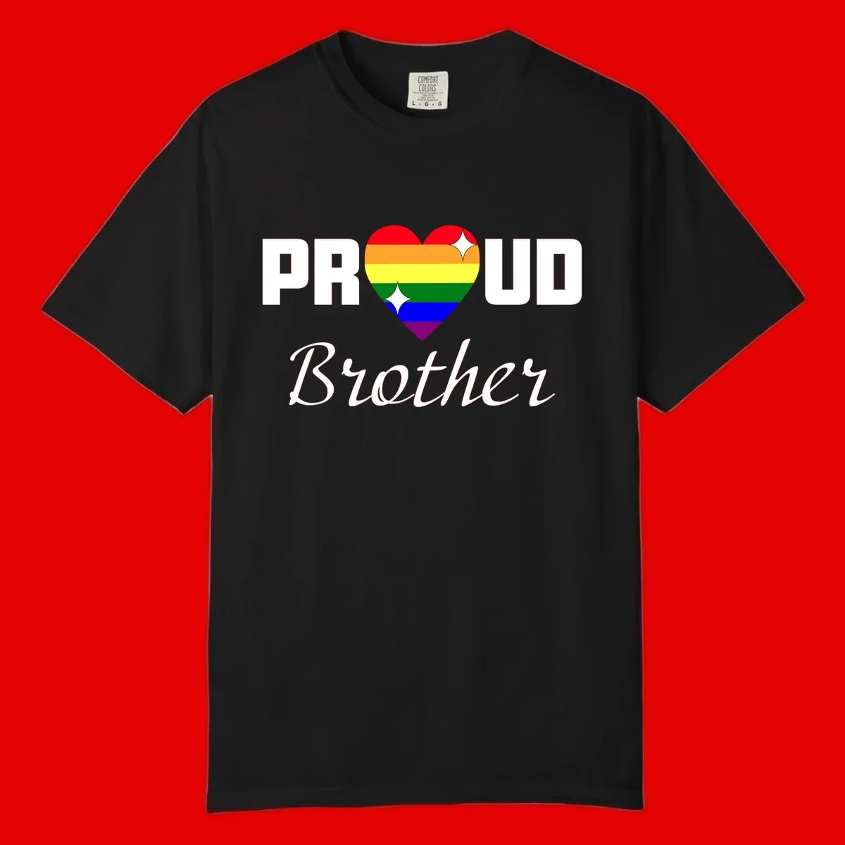 Proud Brother pride design with rainbow heart and white sparkles on gray background