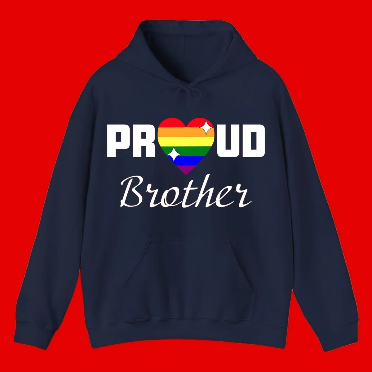 Proud Brother pride design with rainbow heart and white sparkles on gray background
