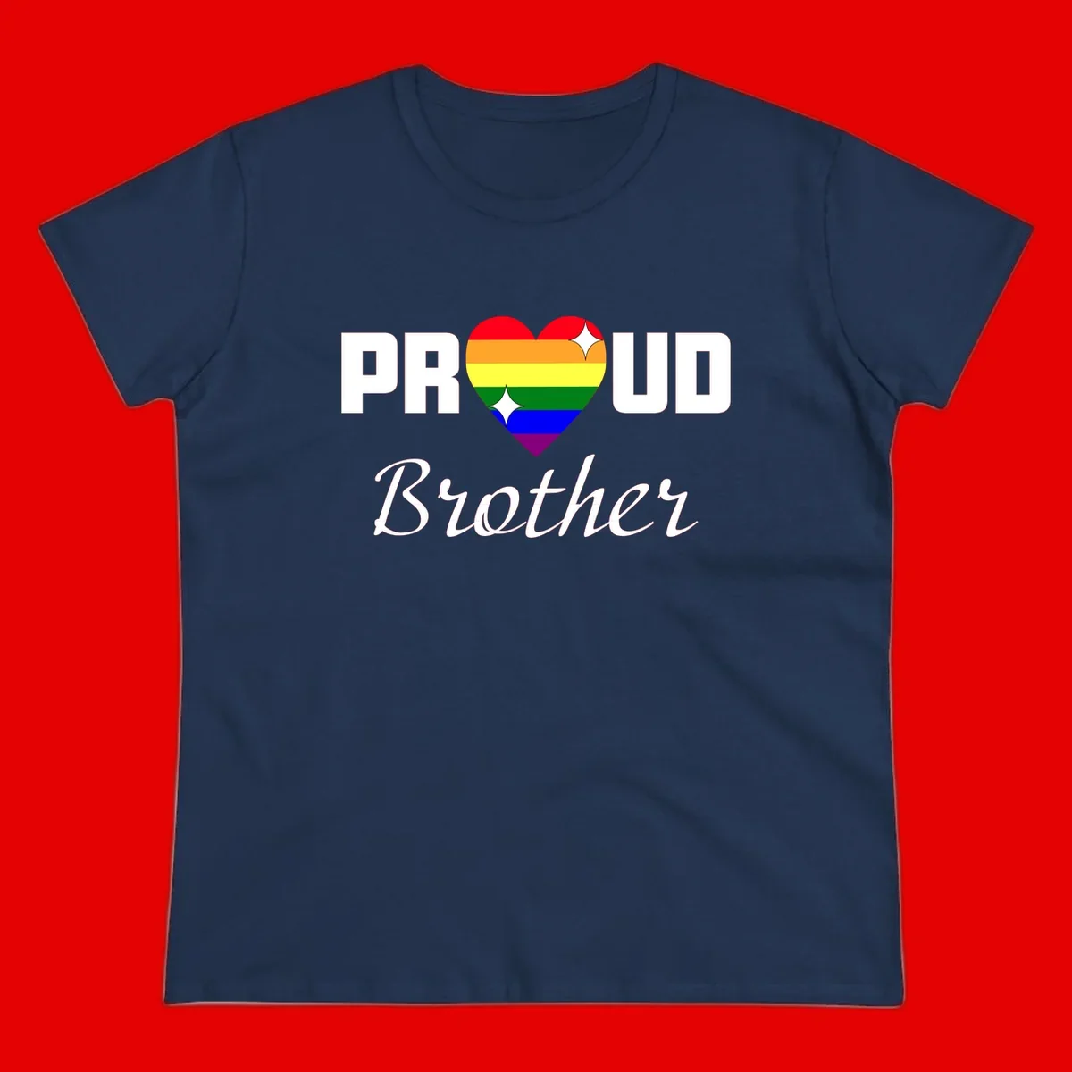 Proud Brother pride design with rainbow heart and white sparkles on gray background