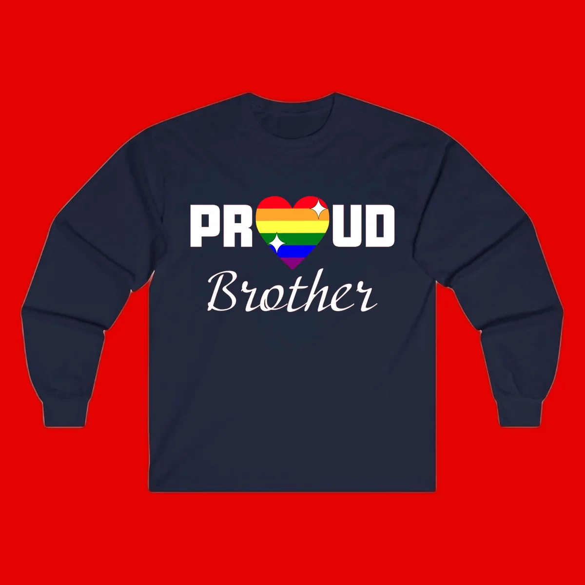 Proud Brother pride design with rainbow heart and white sparkles on gray background