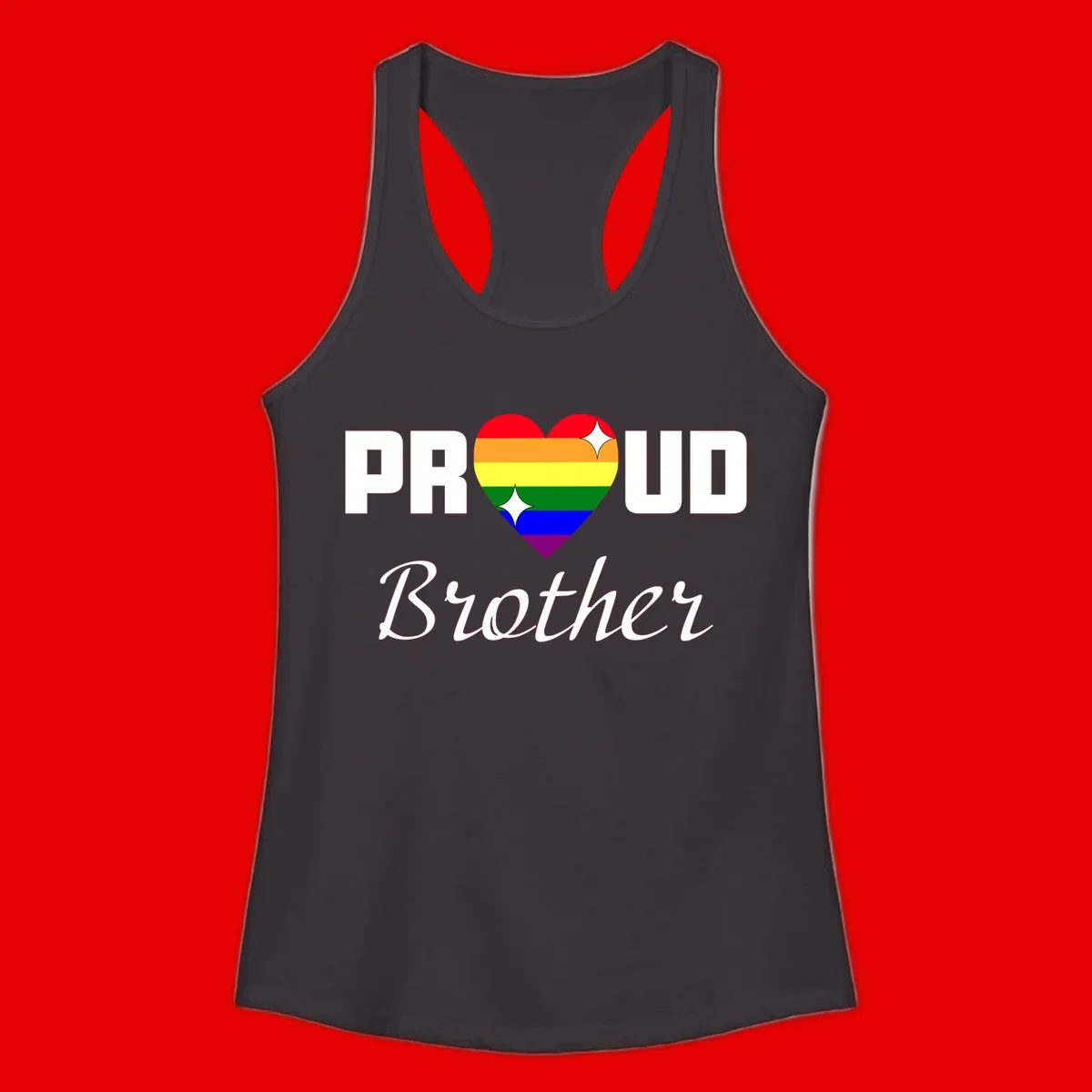 Proud Brother pride design with rainbow heart and white sparkles on gray background