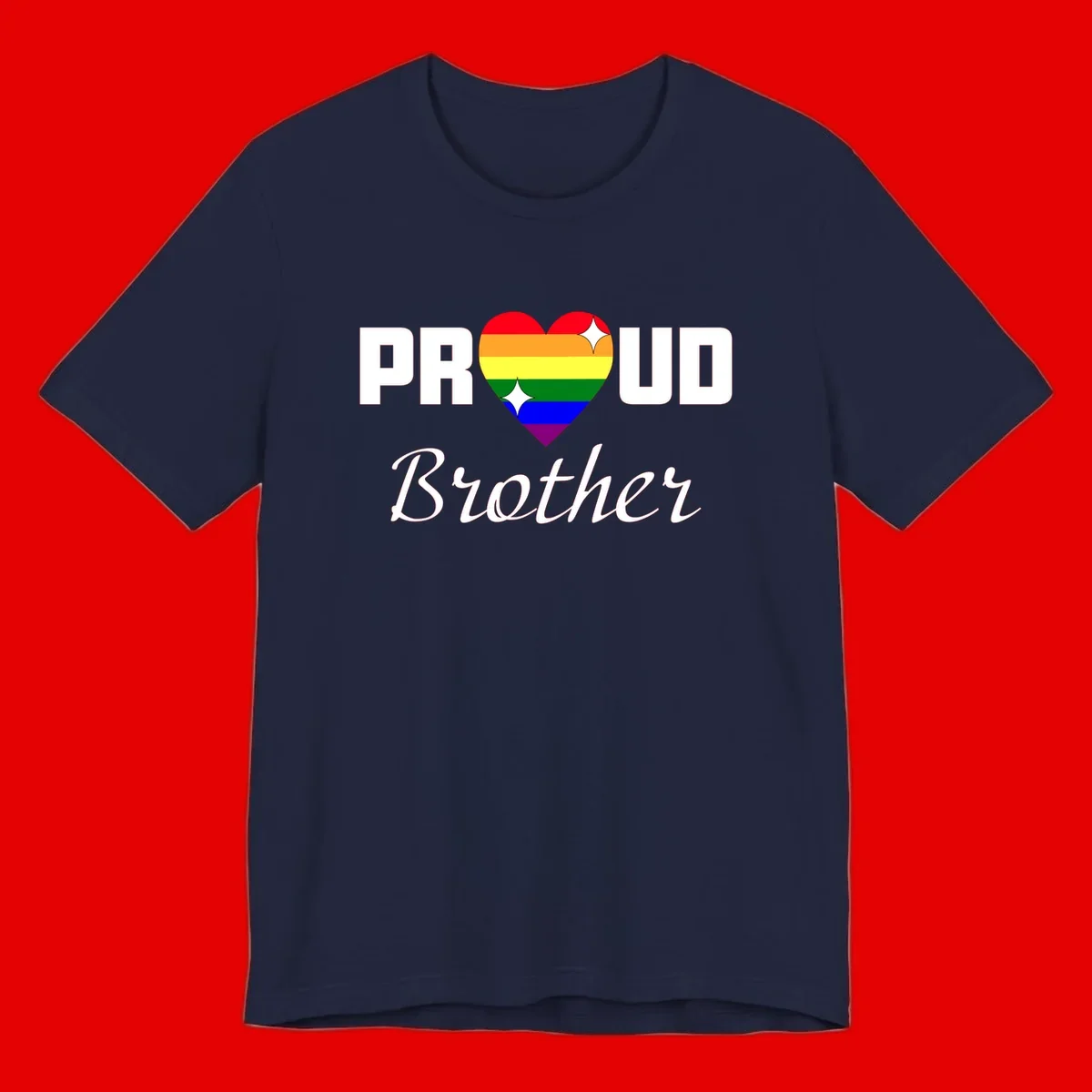 Proud Brother pride design with rainbow heart and white sparkles on gray background