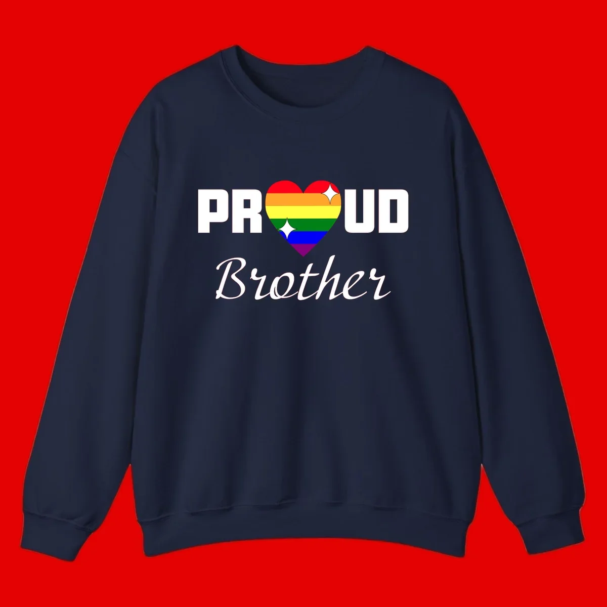 Proud Brother pride design with rainbow heart and white sparkles on gray background