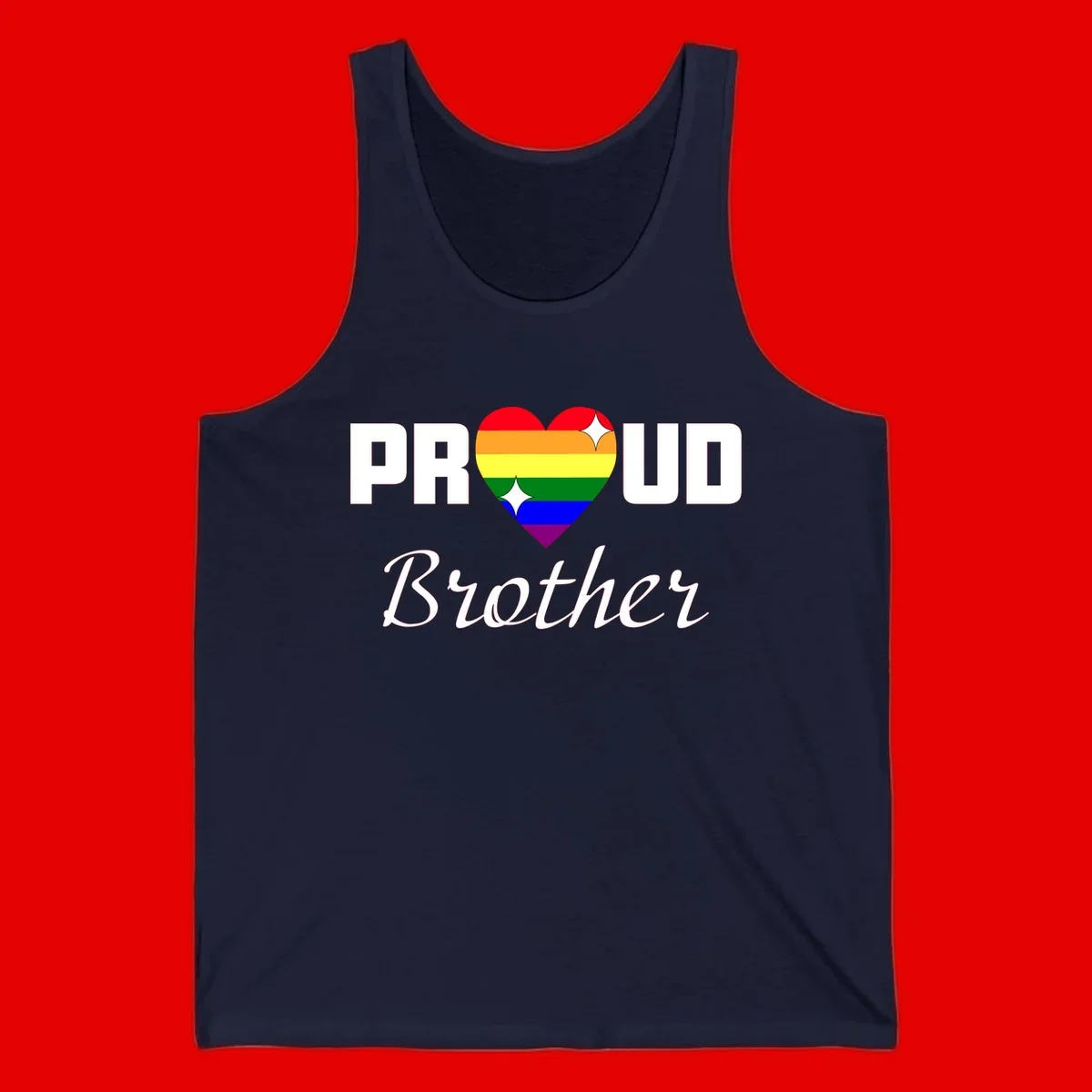 Proud Brother pride design with rainbow heart and white sparkles on gray background
