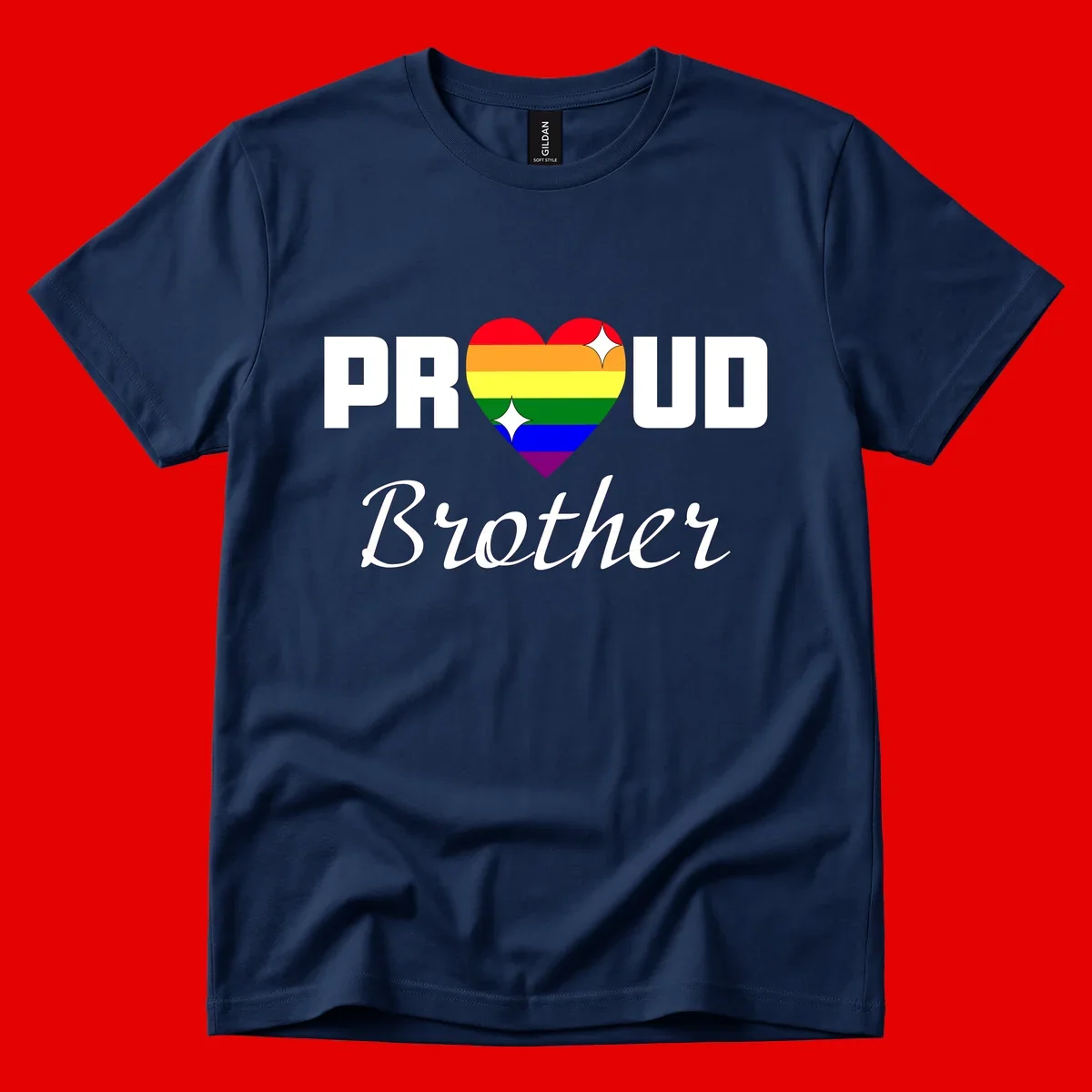 Proud Brother pride design with rainbow heart and white sparkles on gray background