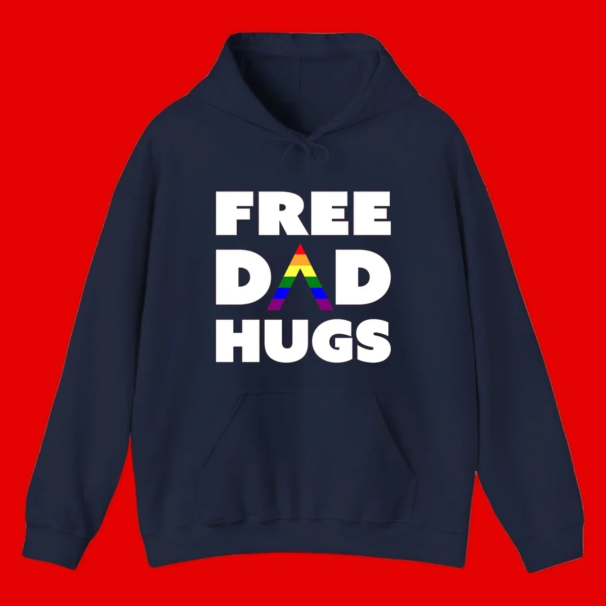 Free Dad Hugs pride design featuring a colorful rainbow triangle with red, orange, yellow, green, blue, and purple stripes