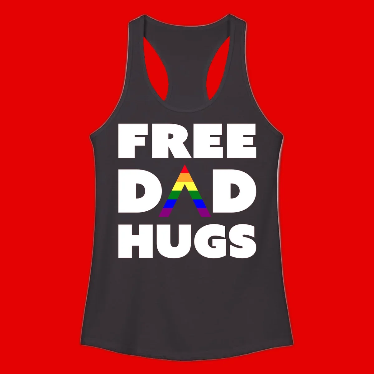 Free Dad Hugs pride design featuring a colorful rainbow triangle with red, orange, yellow, green, blue, and purple stripes