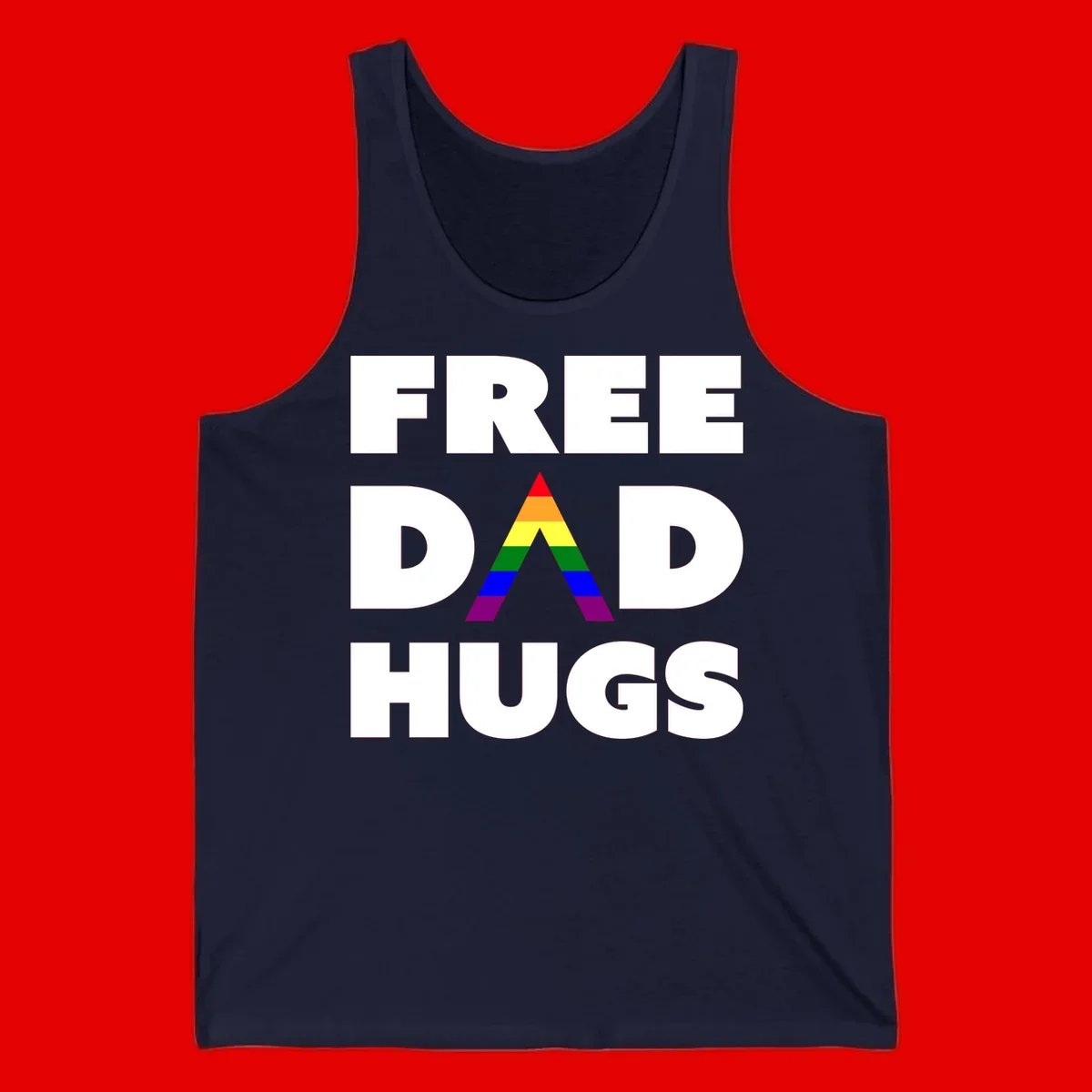 Free Dad Hugs pride design featuring a colorful rainbow triangle with red, orange, yellow, green, blue, and purple stripes