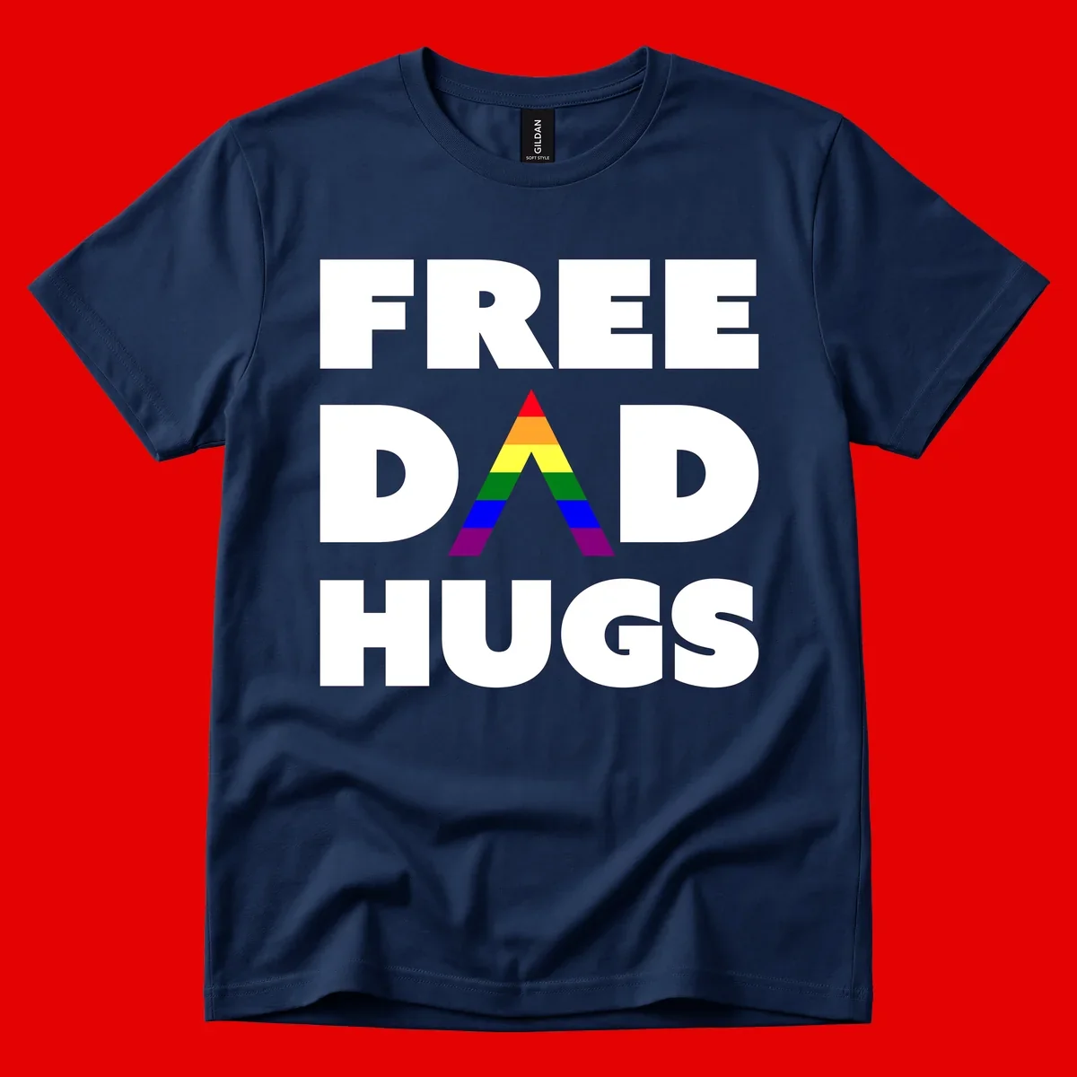 Free Dad Hugs pride design featuring a colorful rainbow triangle with red, orange, yellow, green, blue, and purple stripes
