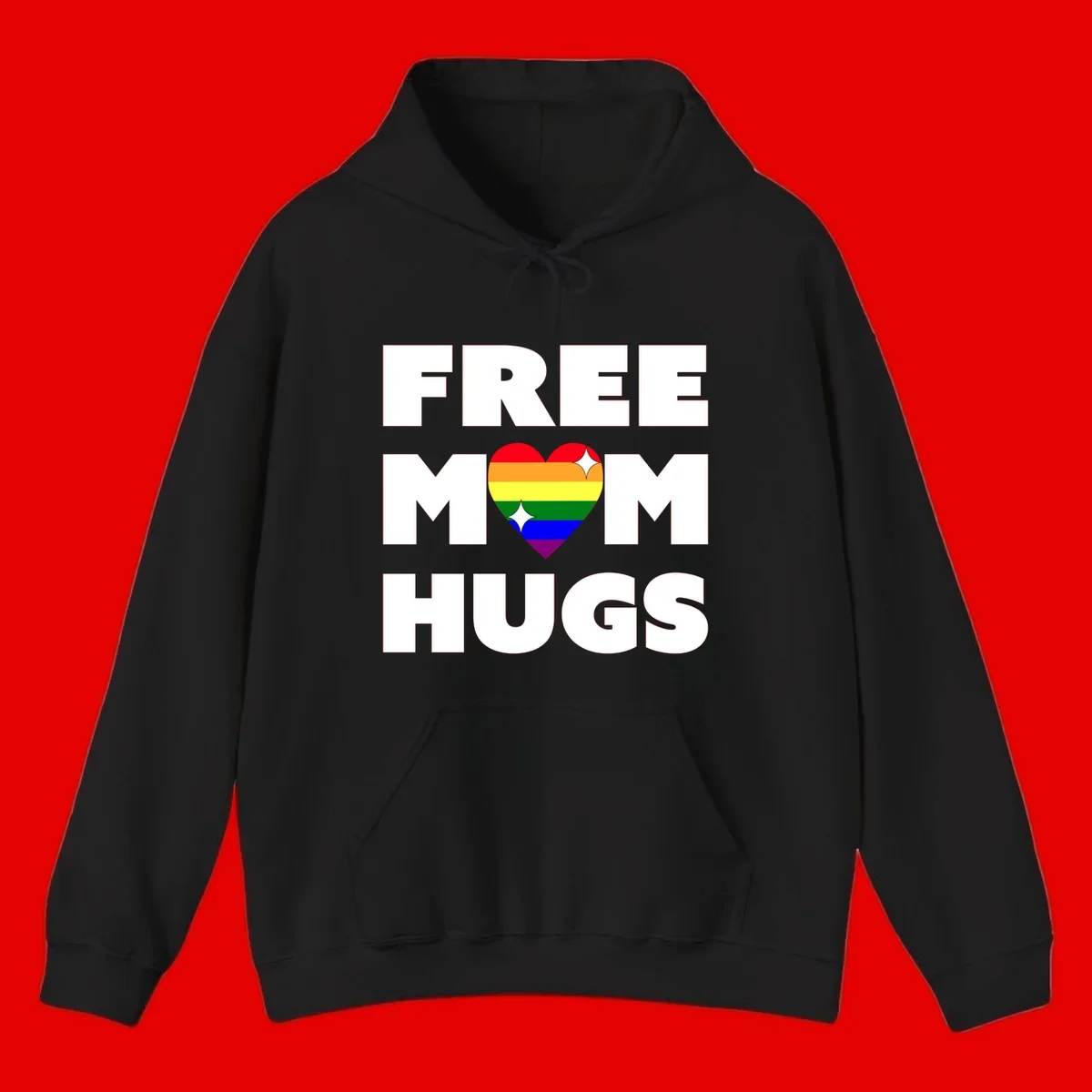 Free Mom Hugs design with rainbow pride heart featuring red, orange, yellow, green, blue, and purple stripes with white sparkles