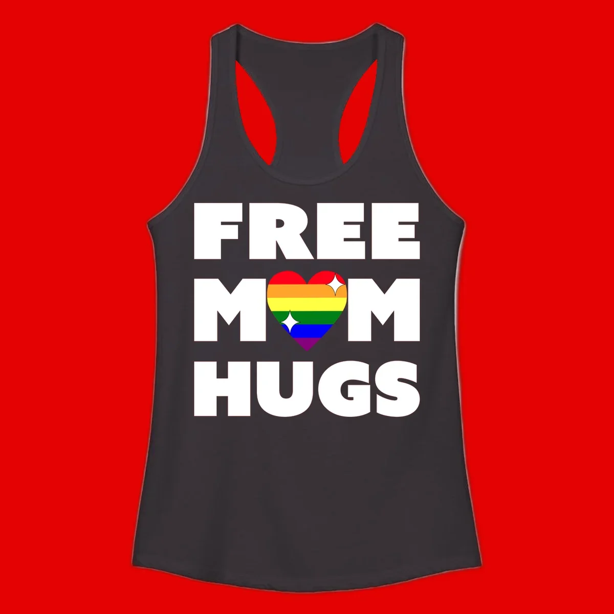 Free Mom Hugs design with rainbow pride heart featuring red, orange, yellow, green, blue, and purple stripes with white sparkles