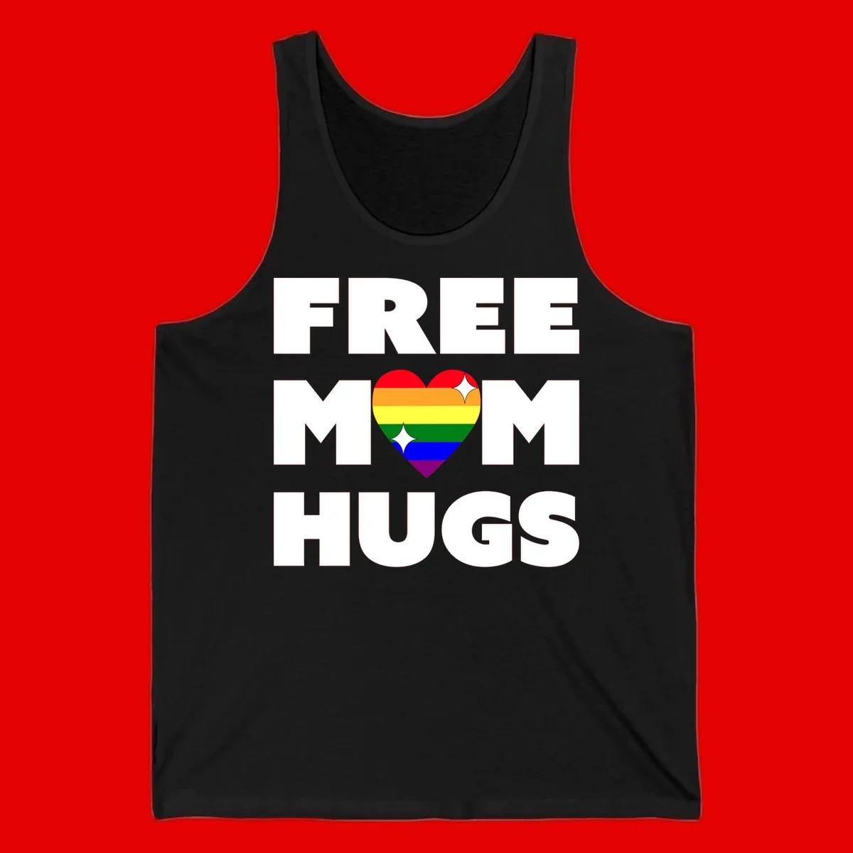 Free Mom Hugs design with rainbow pride heart featuring red, orange, yellow, green, blue, and purple stripes with white sparkles