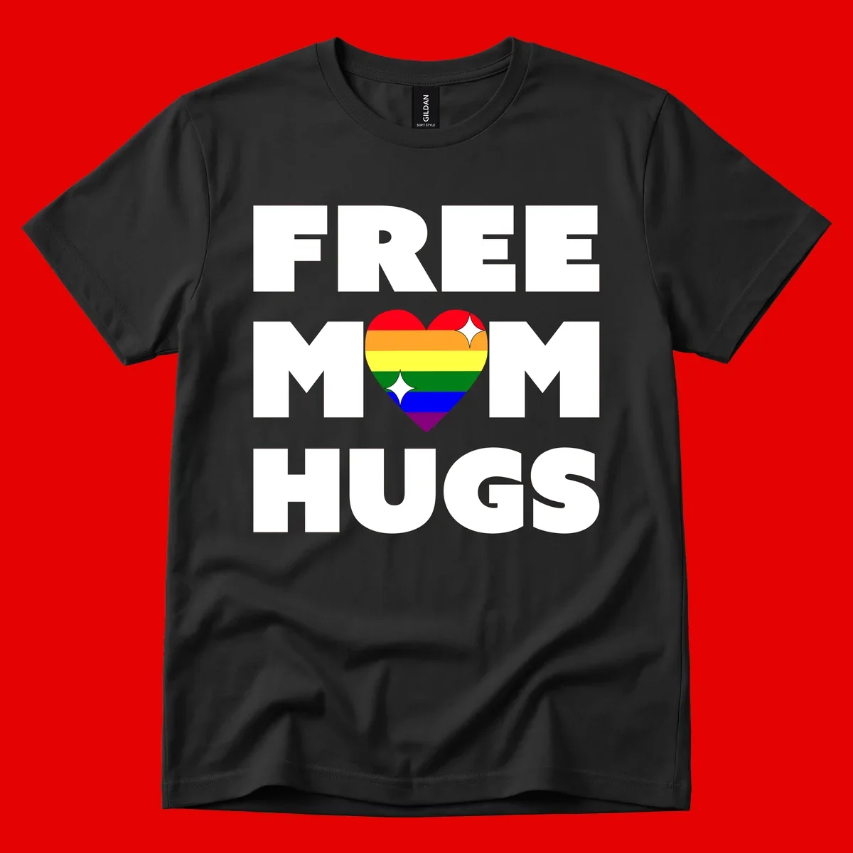 Free Mom Hugs design with rainbow pride heart featuring red, orange, yellow, green, blue, and purple stripes with white sparkles
