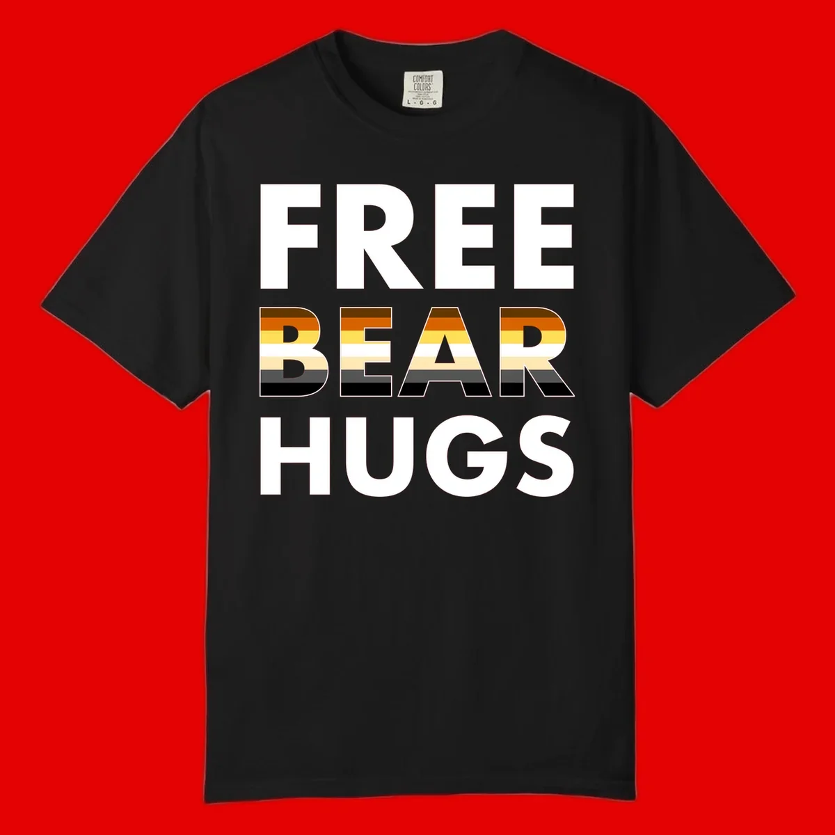 Free Bear Hugs design with bear flag stripes in brown, orange, yellow, tan and black colors featuring pride triangle symbol