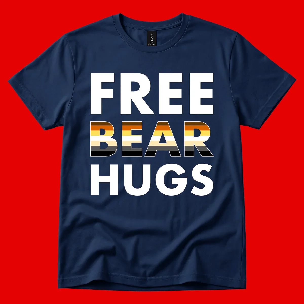 Free Bear Hugs design with bear flag stripes in brown, orange, yellow, tan and black colors featuring pride triangle symbol