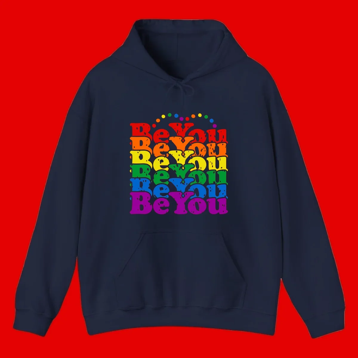 Stacked rainbow-colored letters spelling 'Beyond The Rainbow' with grunge texture and floating colorful circles, pride celebration design