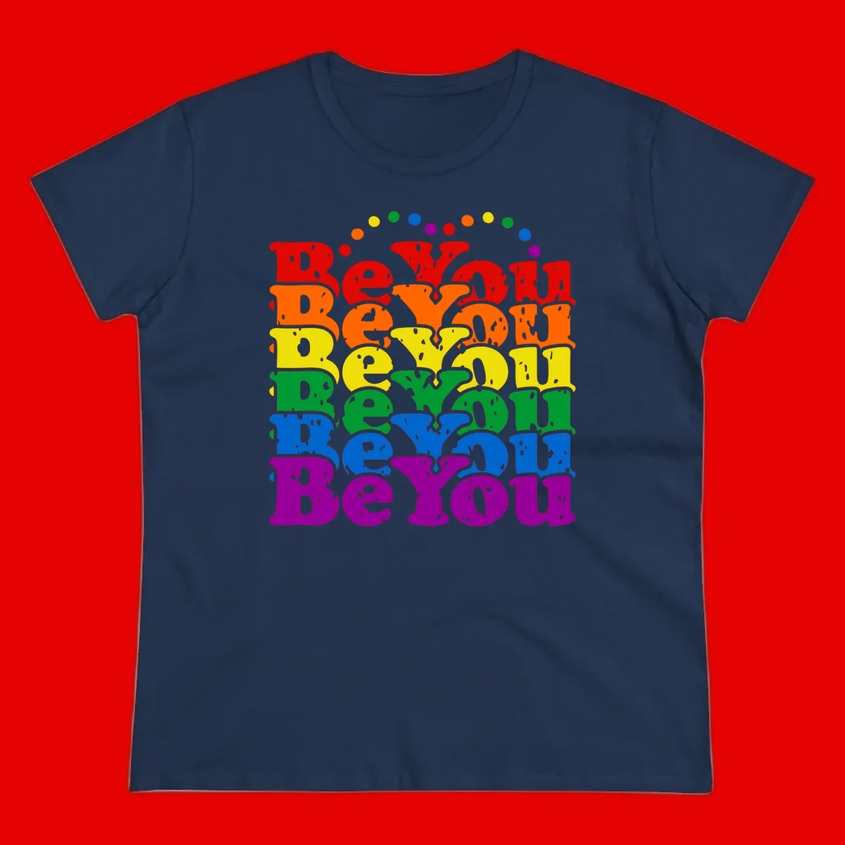 Stacked rainbow-colored letters spelling 'Beyond The Rainbow' with grunge texture and floating colorful circles, pride celebration design