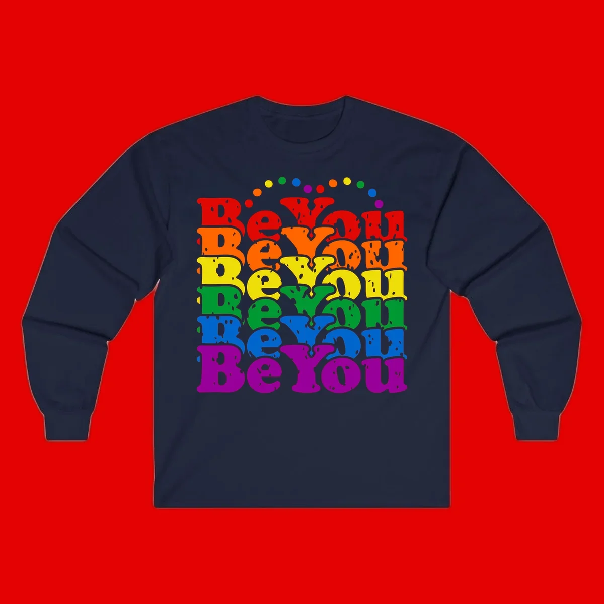Stacked rainbow-colored letters spelling 'Beyond The Rainbow' with grunge texture and floating colorful circles, pride celebration design