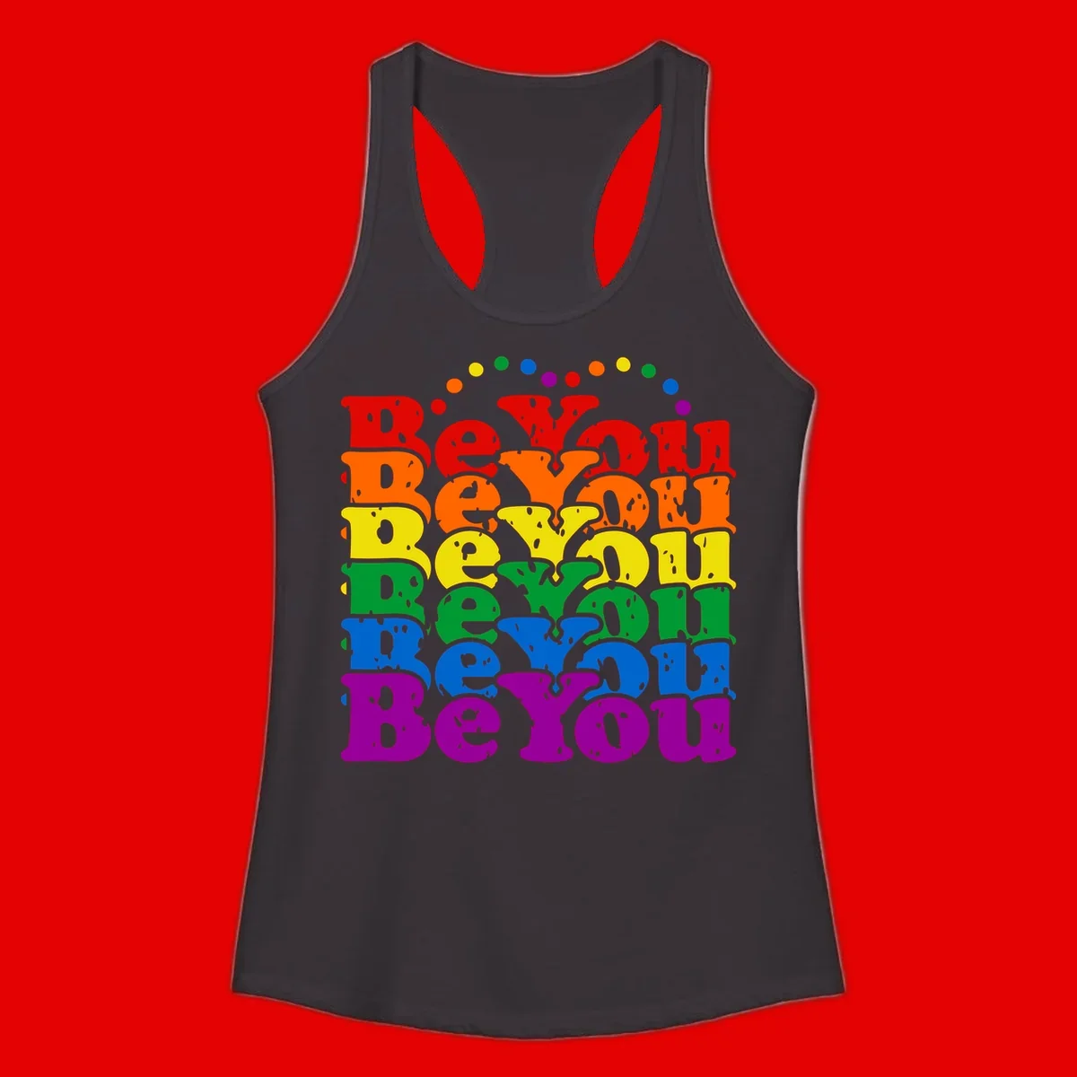 Stacked rainbow-colored letters spelling 'Beyond The Rainbow' with grunge texture and floating colorful circles, pride celebration design