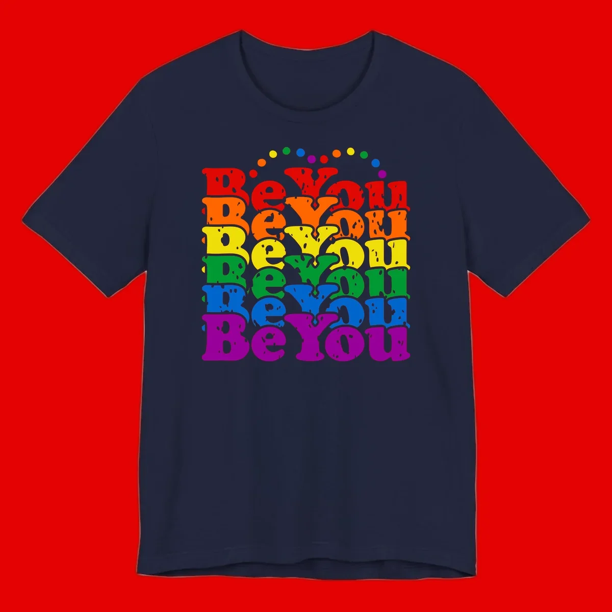 Stacked rainbow-colored letters spelling 'Beyond The Rainbow' with grunge texture and floating colorful circles, pride celebration design
