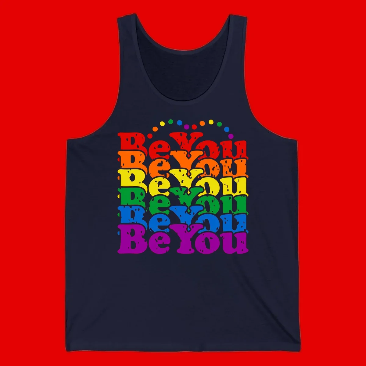 Stacked rainbow-colored letters spelling 'Beyond The Rainbow' with grunge texture and floating colorful circles, pride celebration design