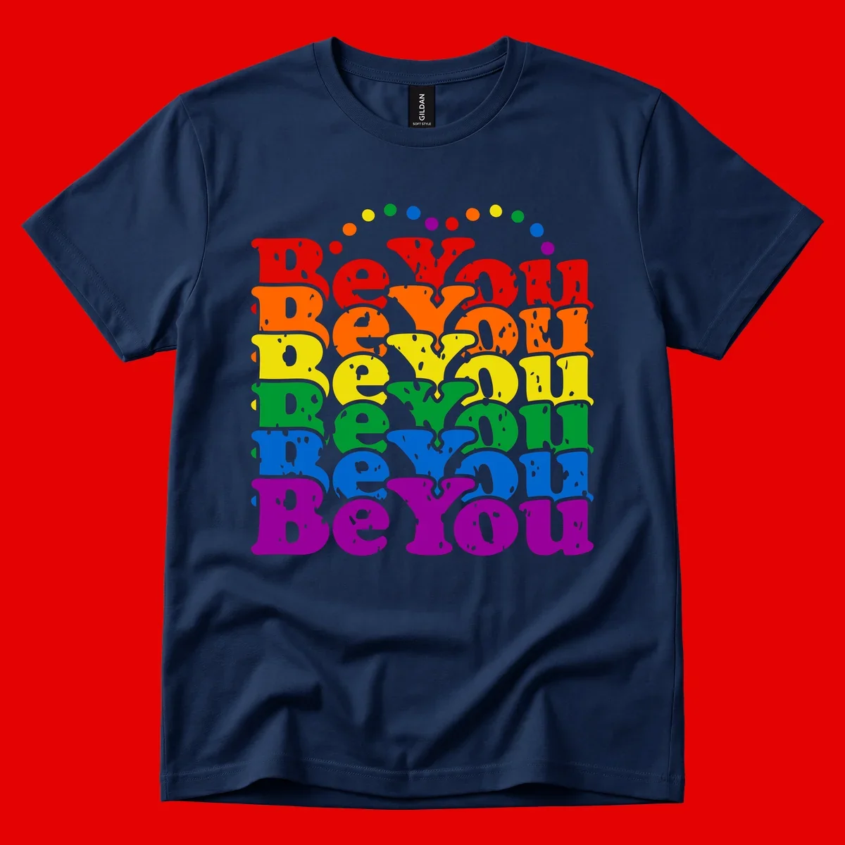 Stacked rainbow-colored letters spelling 'Beyond The Rainbow' with grunge texture and floating colorful circles, pride celebration design