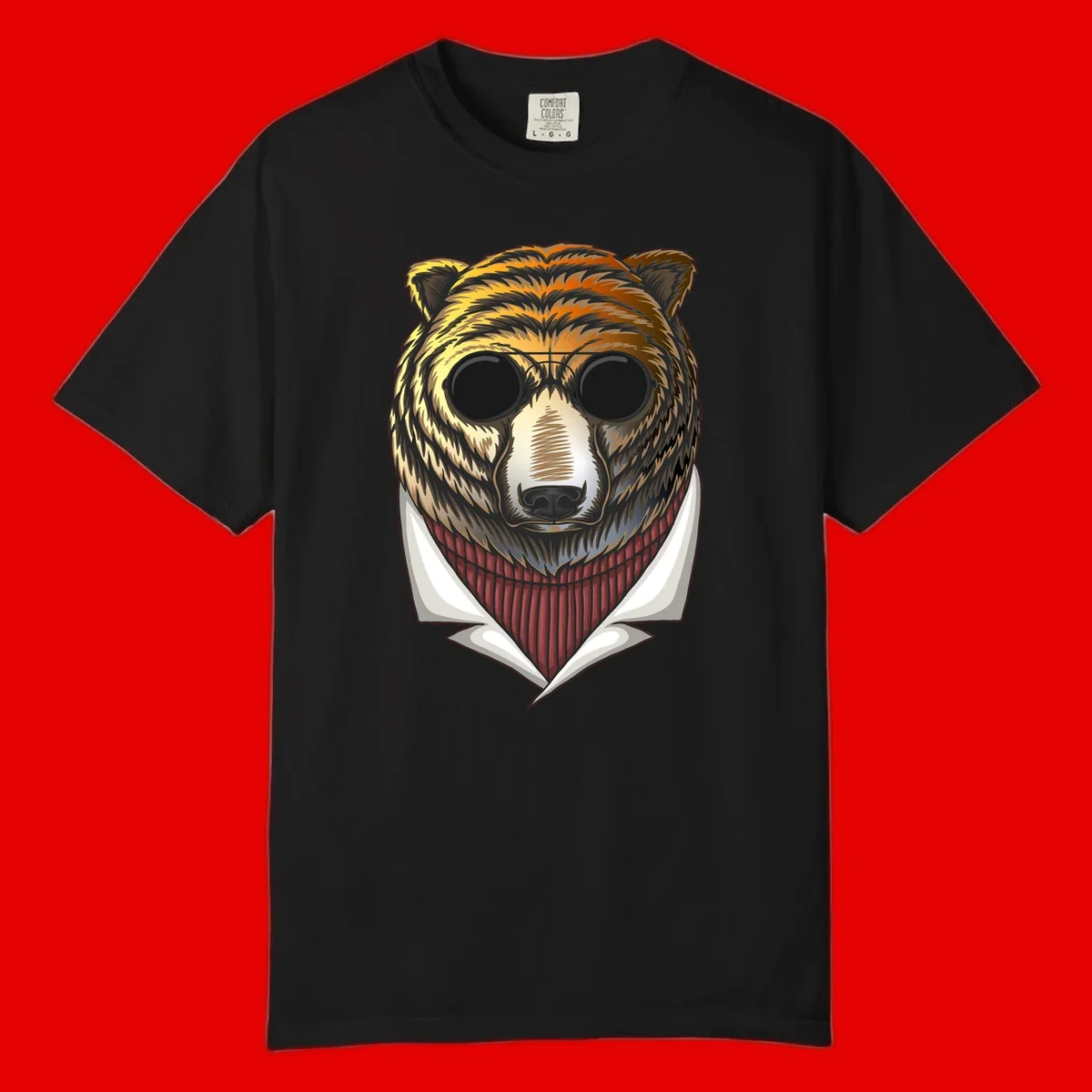 Cool bear wearing dark sunglasses and red knit sweater with white collar, stylized illustration with yellow, orange, and brown fur tones