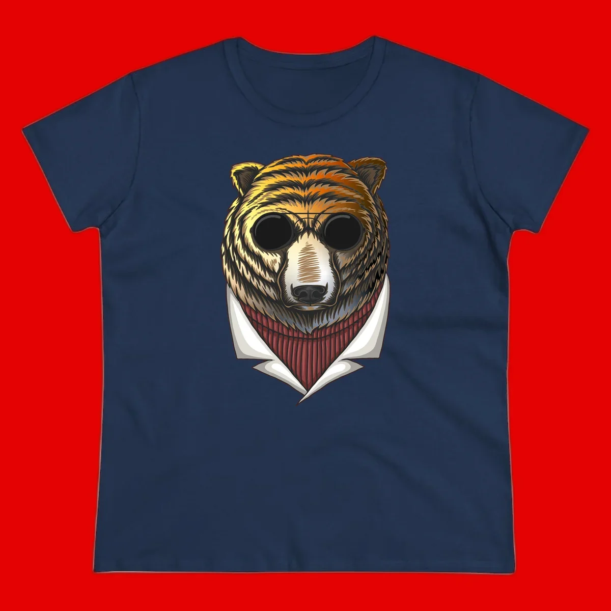 Cool bear wearing dark sunglasses and red knit sweater with white collar, stylized illustration with yellow, orange, and brown fur tones