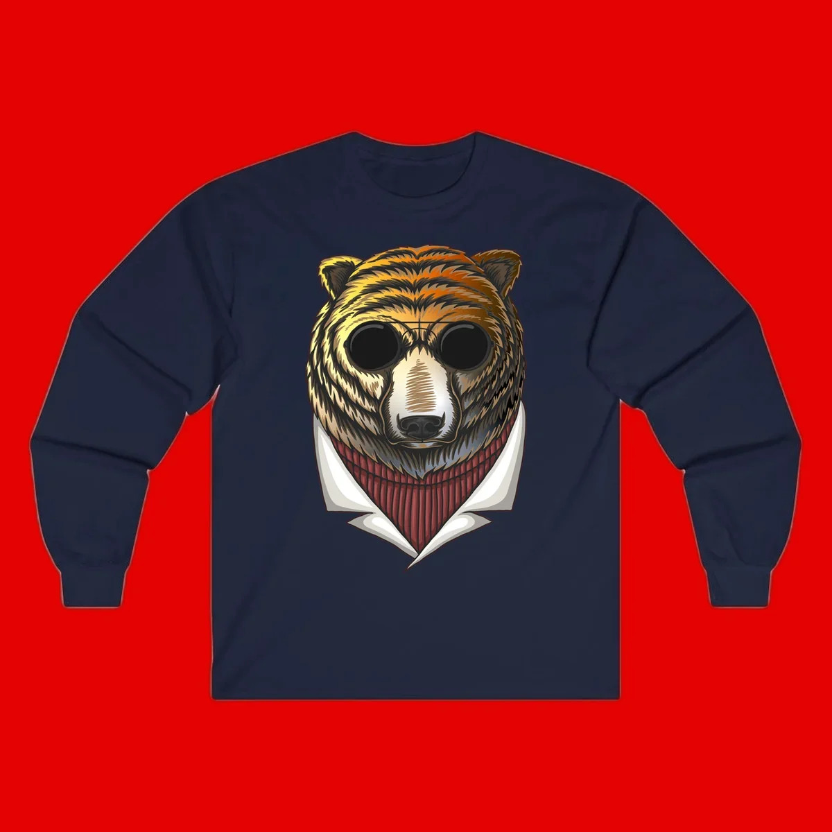Cool bear wearing dark sunglasses and red knit sweater with white collar, stylized illustration with yellow, orange, and brown fur tones