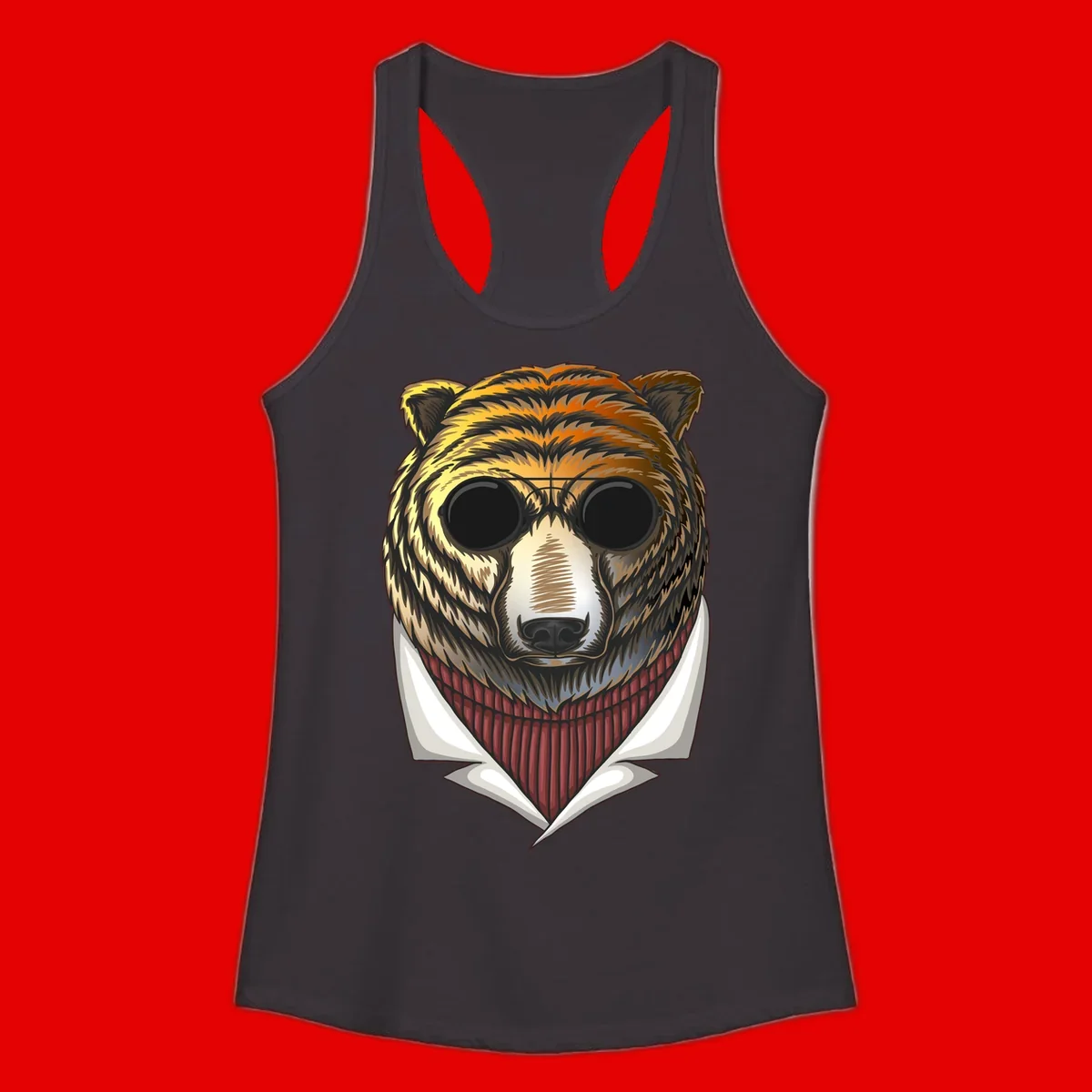 Cool bear wearing dark sunglasses and red knit sweater with white collar, stylized illustration with yellow, orange, and brown fur tones