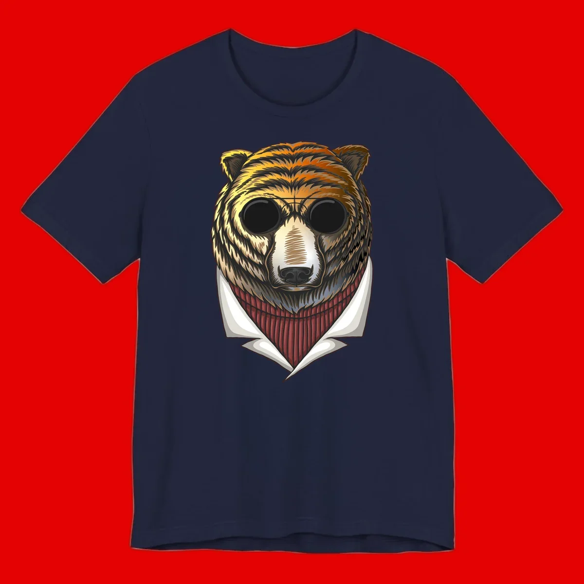Cool bear wearing dark sunglasses and red knit sweater with white collar, stylized illustration with yellow, orange, and brown fur tones