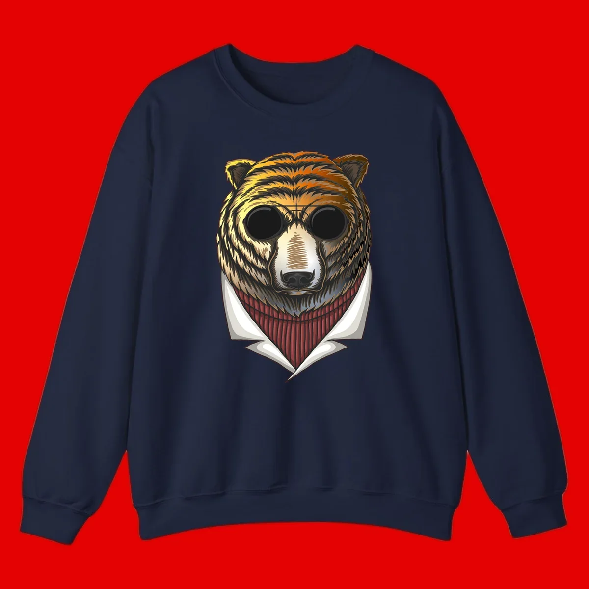 Cool bear wearing dark sunglasses and red knit sweater with white collar, stylized illustration with yellow, orange, and brown fur tones