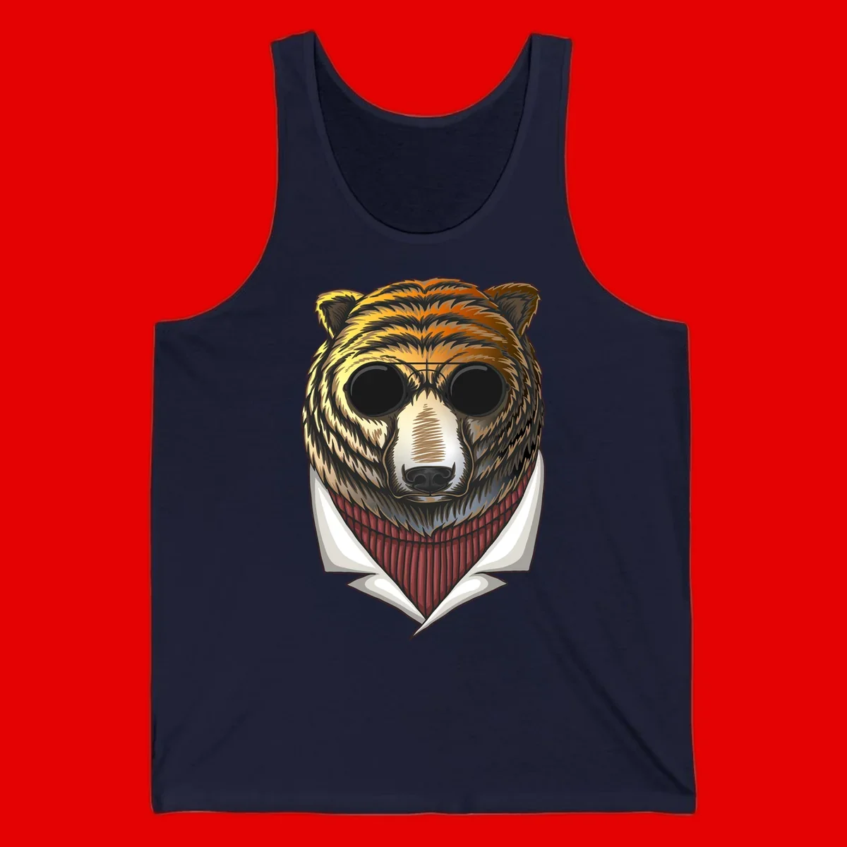 Cool bear wearing dark sunglasses and red knit sweater with white collar, stylized illustration with yellow, orange, and brown fur tones