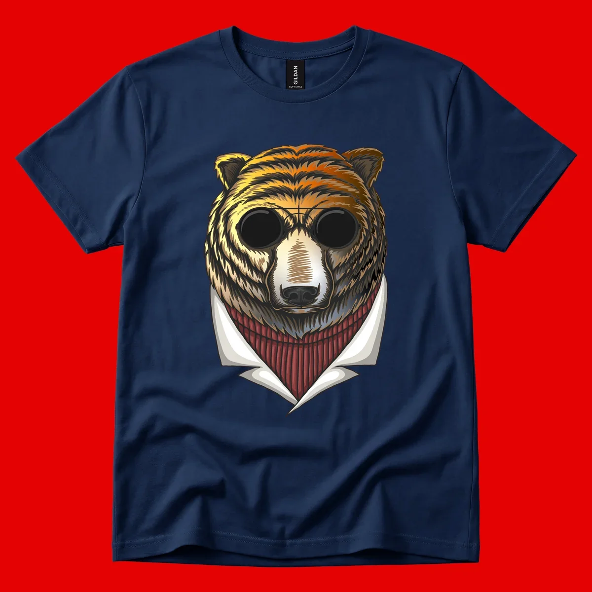 Cool bear wearing dark sunglasses and red knit sweater with white collar, stylized illustration with yellow, orange, and brown fur tones