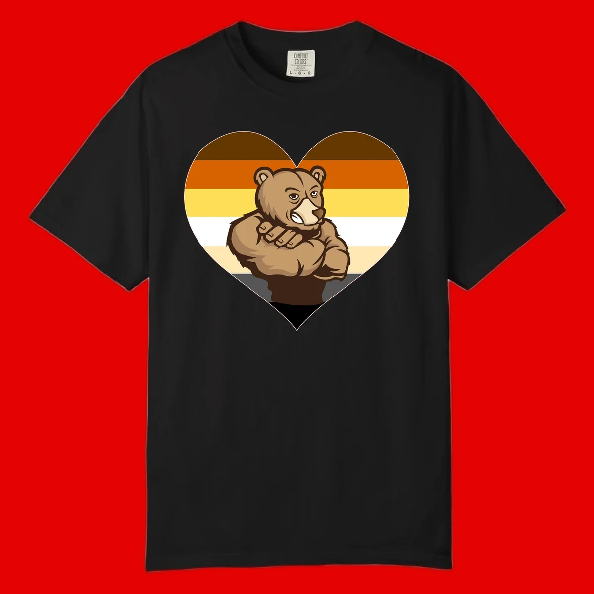Muscular cartoon bear centered in heart shape with brown, orange, yellow, white, and tan horizontal stripes representing the bear pride flag