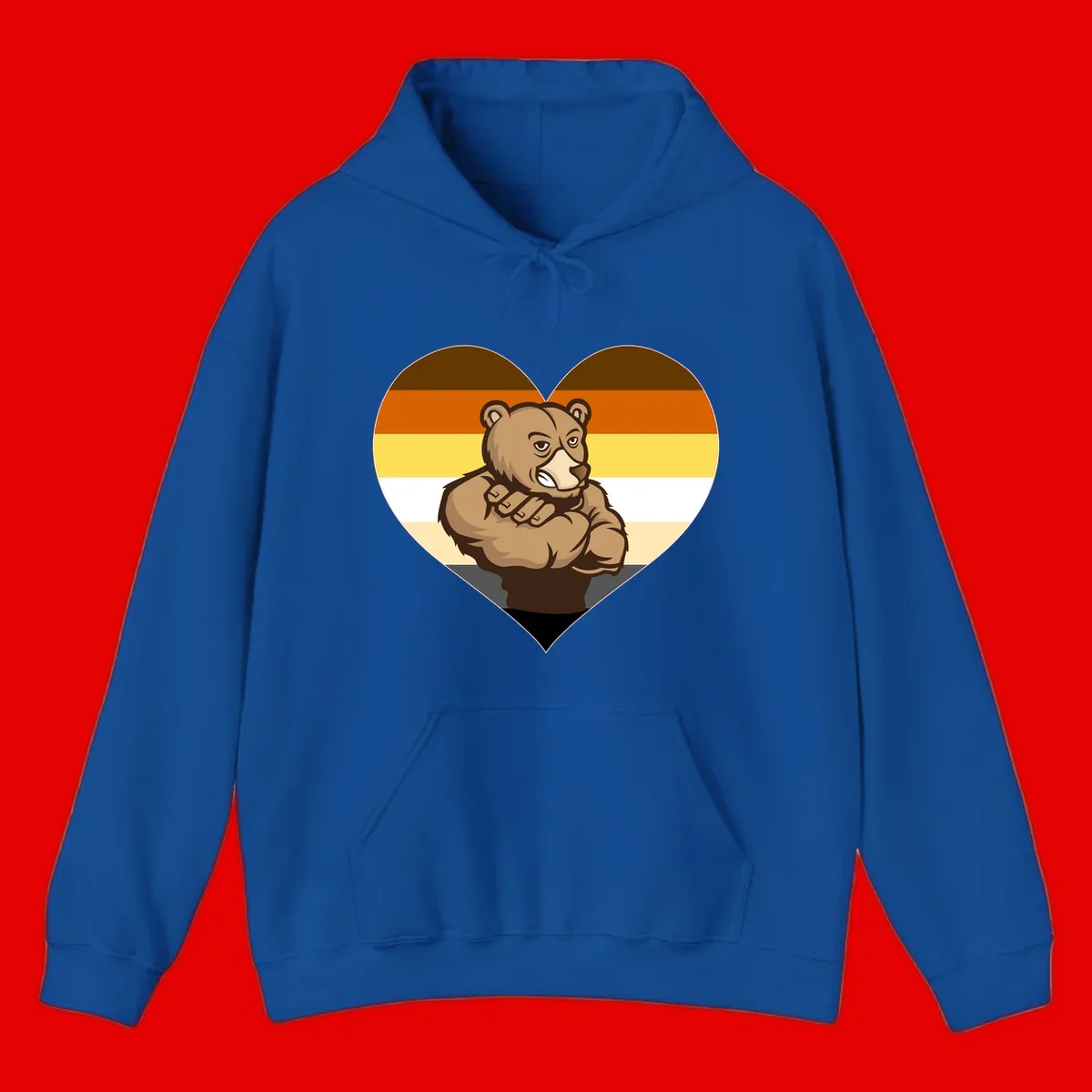 Muscular cartoon bear centered in heart shape with brown, orange, yellow, white, and tan horizontal stripes representing the bear pride flag