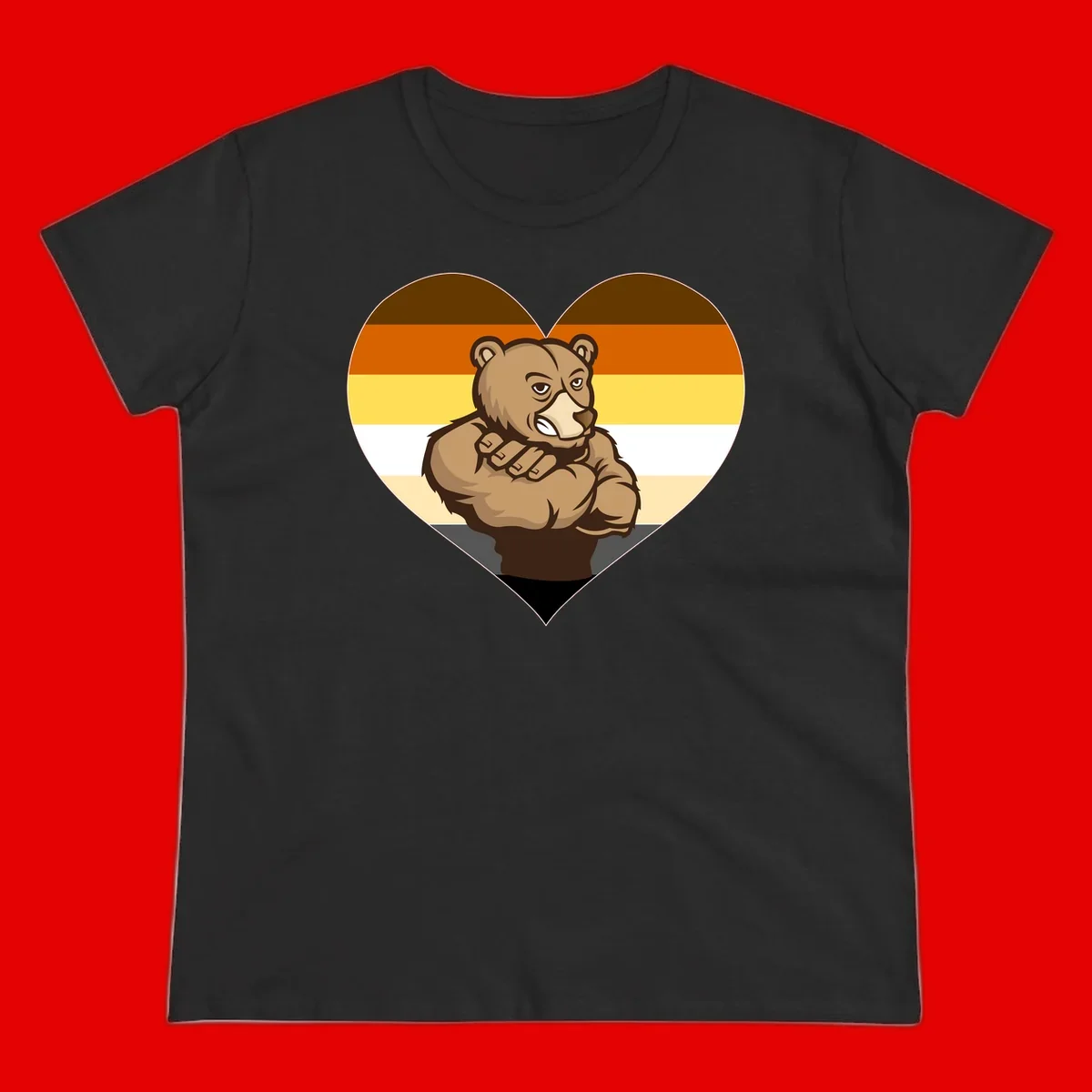 Muscular cartoon bear centered in heart shape with brown, orange, yellow, white, and tan horizontal stripes representing the bear pride flag