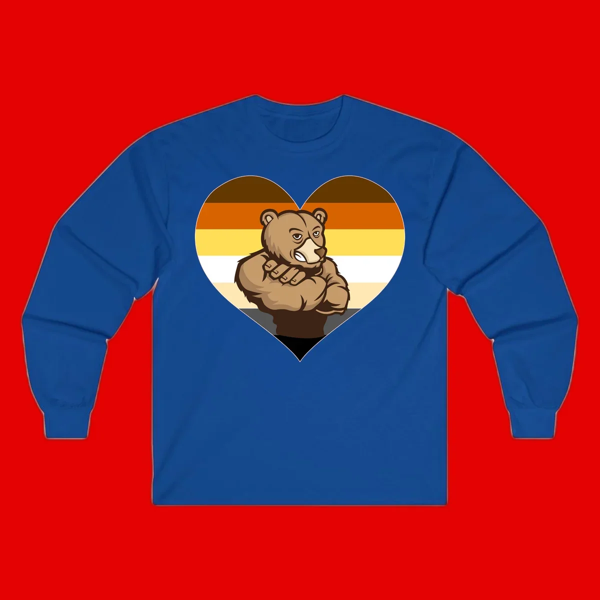 Muscular cartoon bear centered in heart shape with brown, orange, yellow, white, and tan horizontal stripes representing the bear pride flag