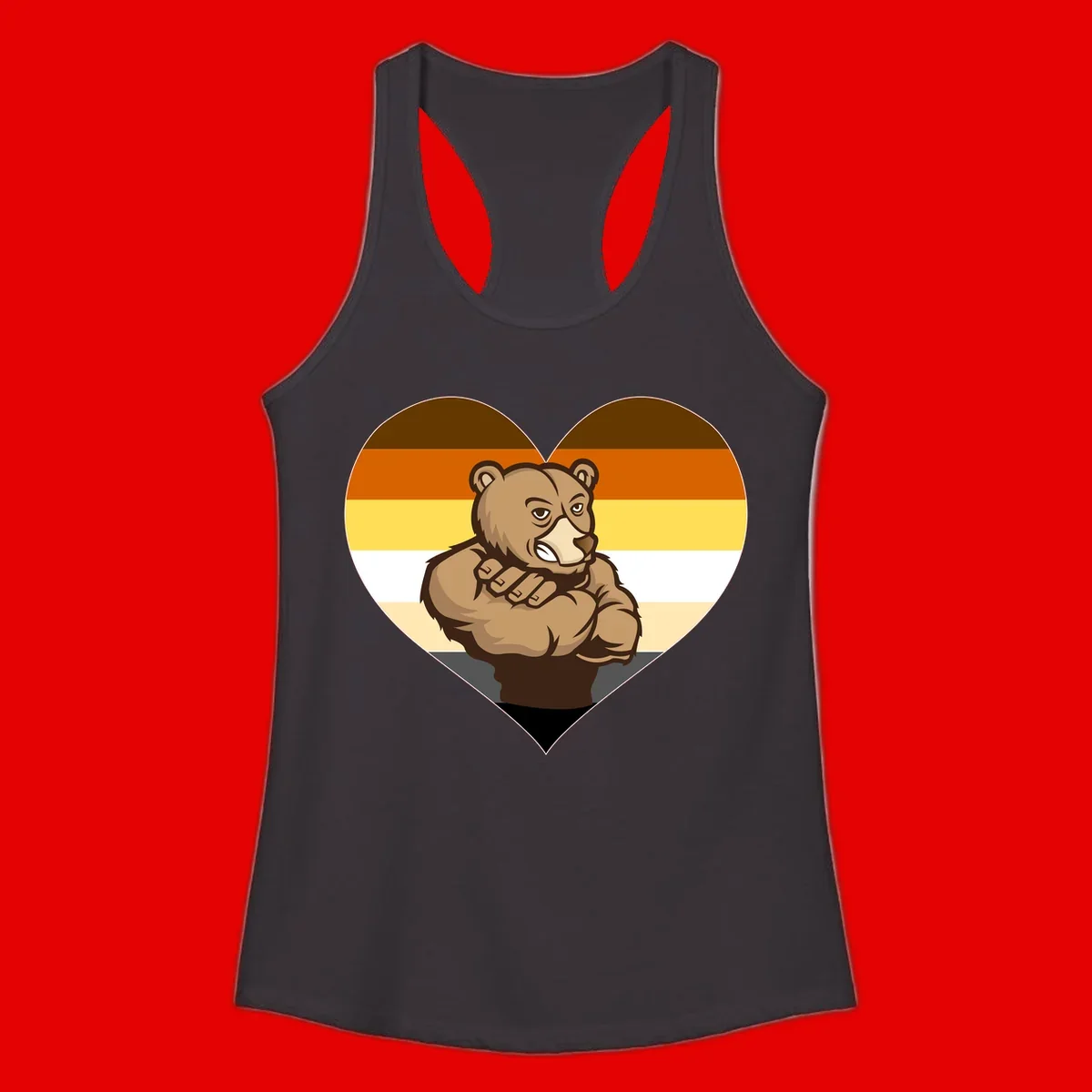 Muscular cartoon bear centered in heart shape with brown, orange, yellow, white, and tan horizontal stripes representing the bear pride flag